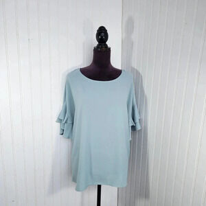 Les Amis Womens Pullover Blouse Aqua Blue Flutter Ruffle Short Sleeve Sz L